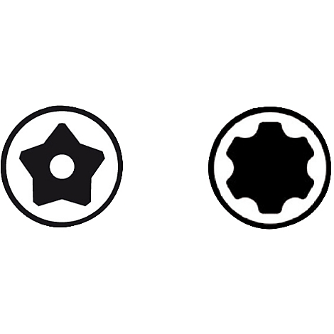 Zwei schwarze Schraubendreherspitzen, eine mit Sternform und eine mit sechszackiger Form.